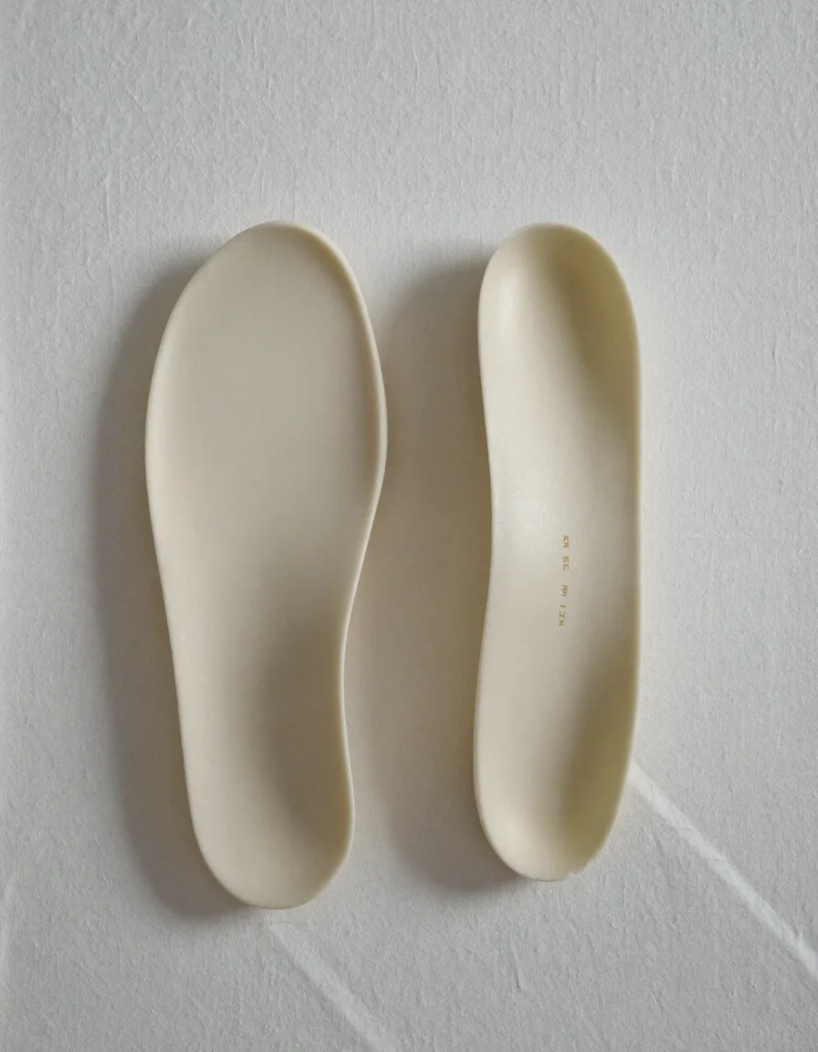 A pair of plain contoured foam insoles with raised arches lying side by side on pale oyster linen