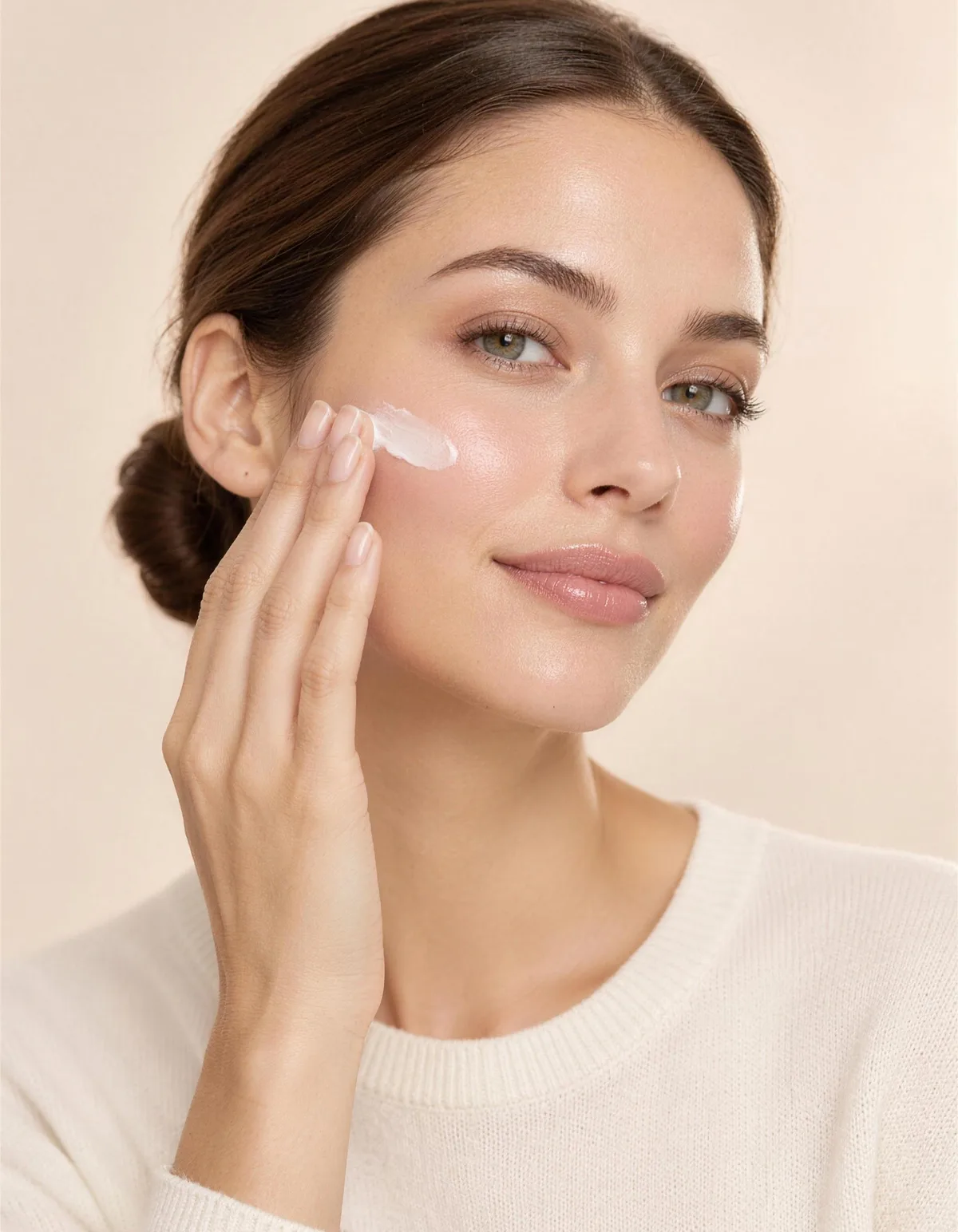 A beautiful woman with clear glowing skin smoothing a little white cream onto her cheek, in an ivory knit