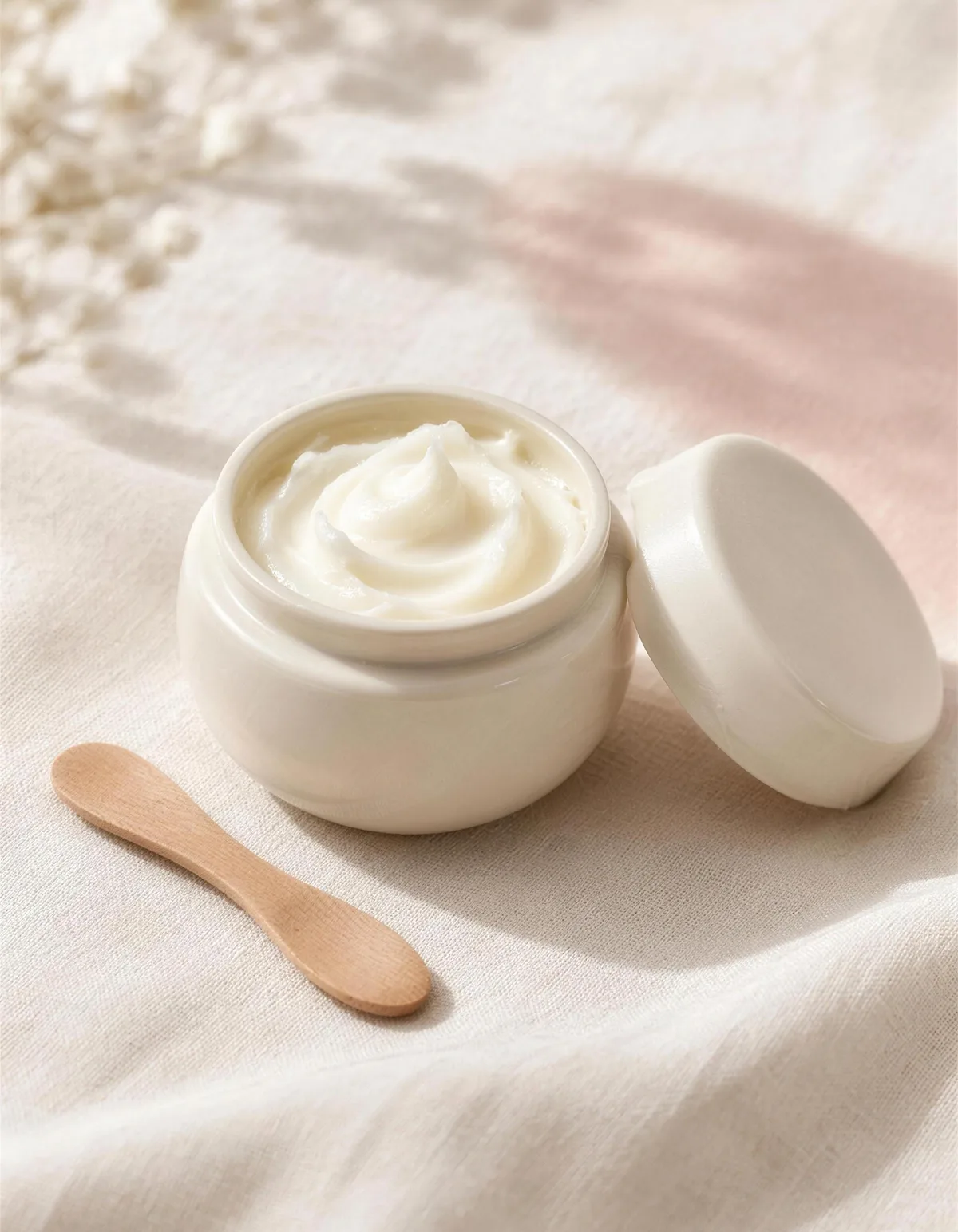 A small cream ceramic jar of whipped ivory balm with its lid beside it and a wooden spatula on cream linen
