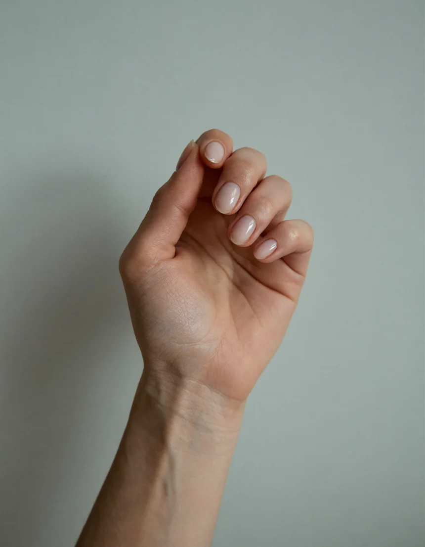 A raised hand with bare natural almond nails against a pale oyster backdrop