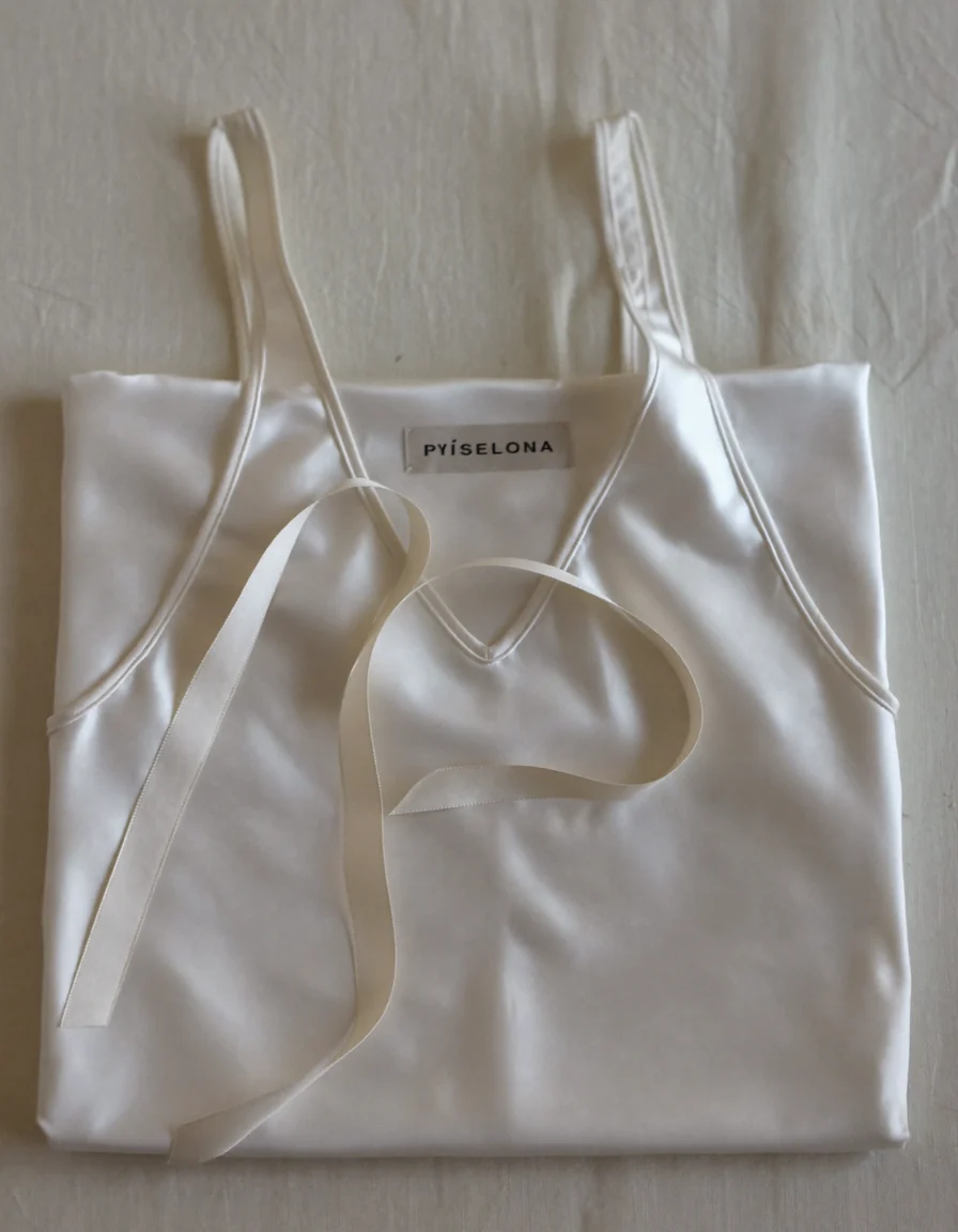 A neatly folded ivory silk camisole with a slim satin ribbon curled beside it