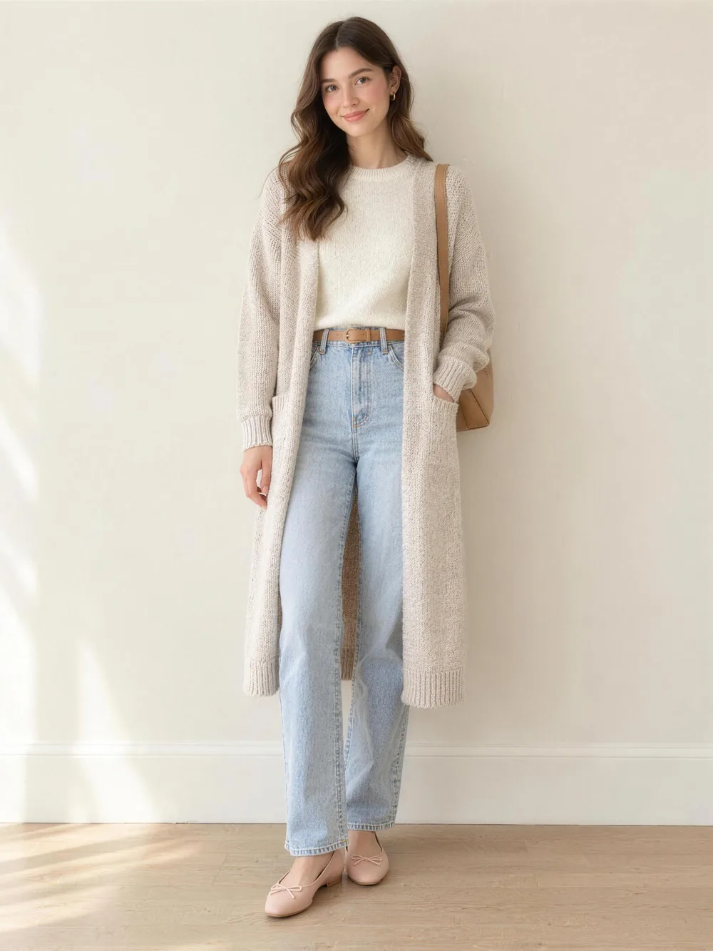A smiling woman in a long oatmeal cardigan worn open over a tucked cream knit, belted light straight jeans and blush ballet flats