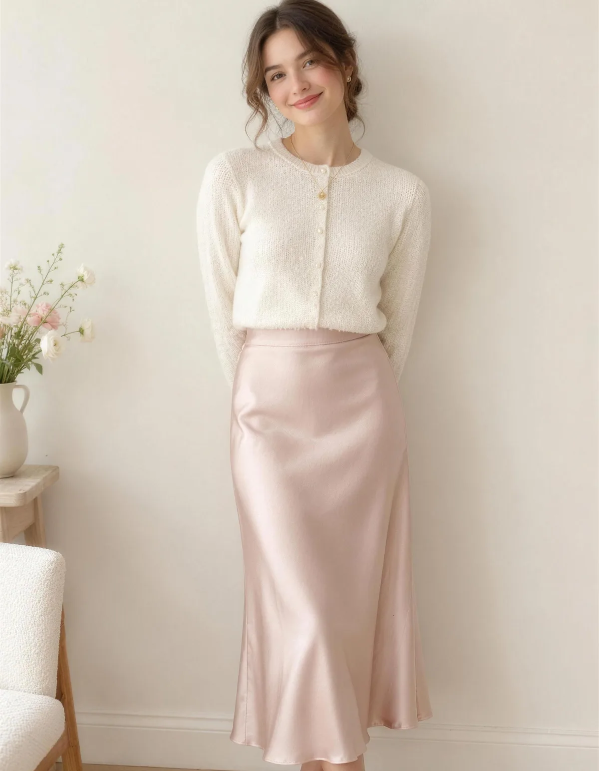 A smiling woman against a cream wall in a buttoned cream cardigan tucked into a blush satin midi skirt with a gold necklace