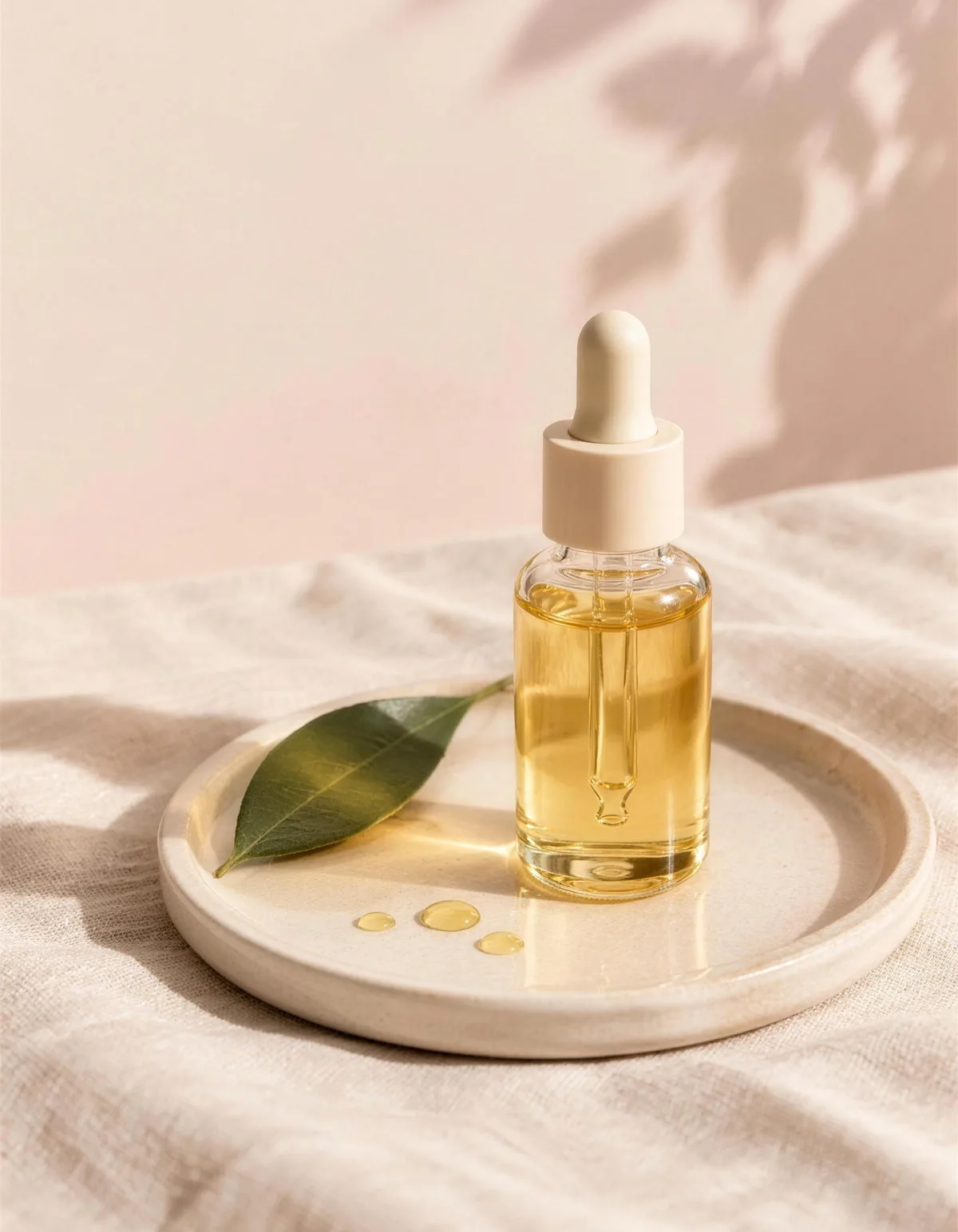 A small clear dropper bottle of pale golden oil with a few drops on a cream ceramic tray beside a green leaf
