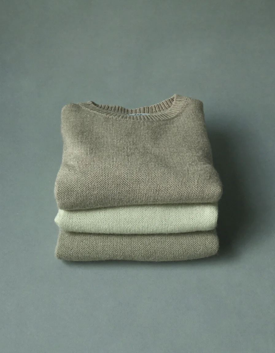 A small stack of folded merino and cashmere knitwear in oatmeal, soft grey and pale sage