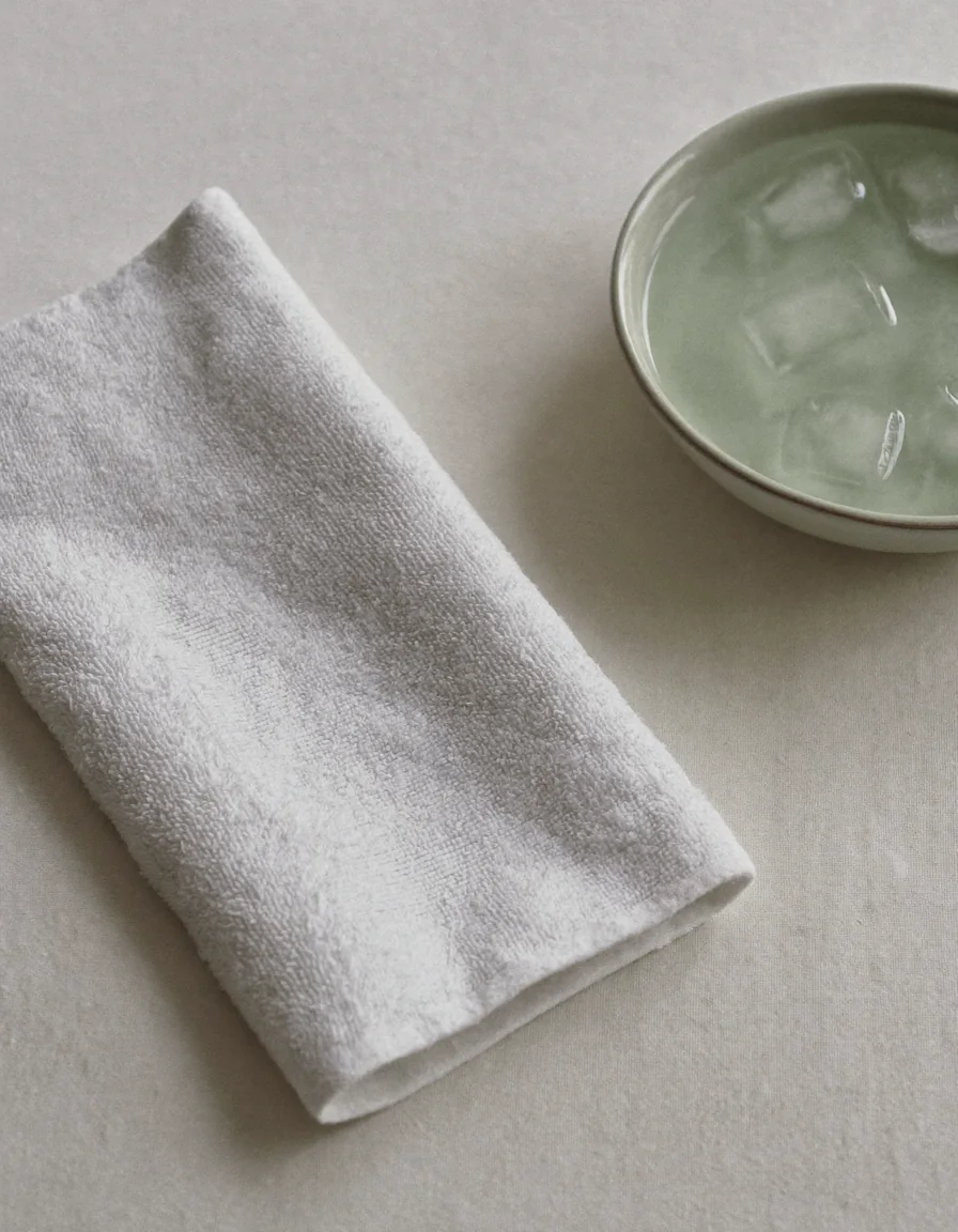 A folded white waffle towel beside a shallow pale bowl of water with floating ice cubes