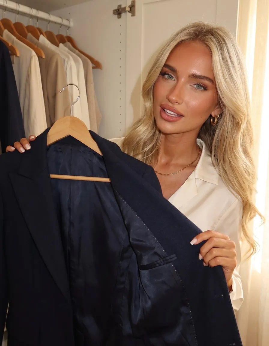 Camille, SOUL's style host, holds up a navy blazer on a wooden hanger beside a rail of neutral clothes