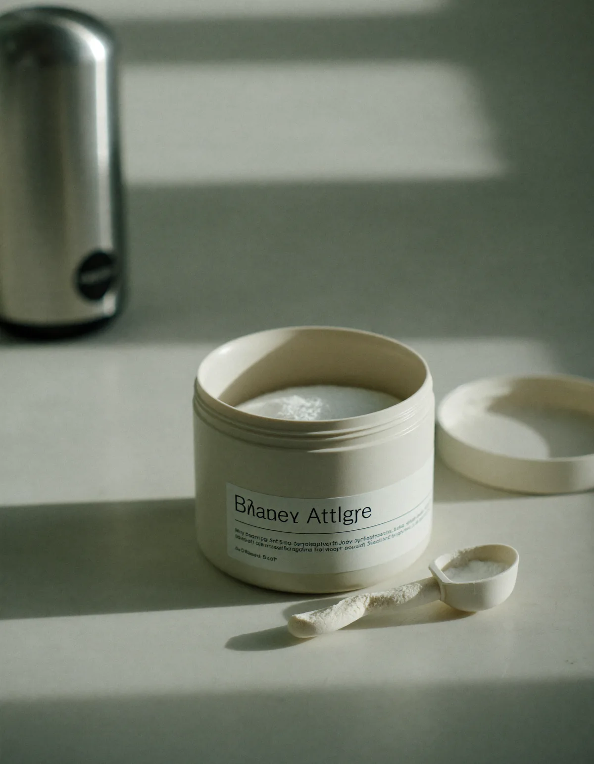 A plain matte white tub with its lid off showing white powder, a small scoop and a steel shaker on pale oyster linen
