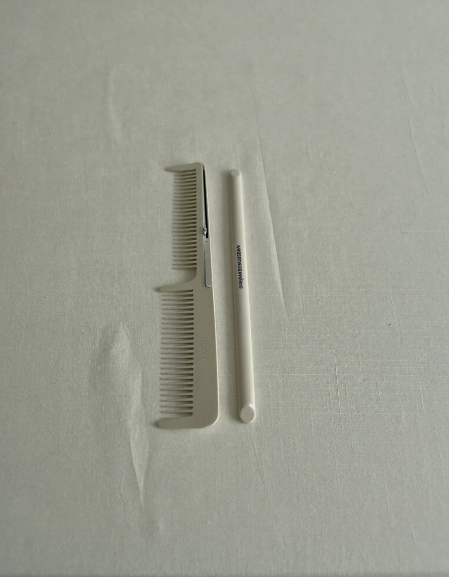 Two slim cream-coloured hair styling tools lying parallel on pale oyster linen