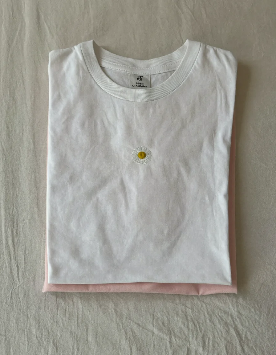 A small stack of folded white and pale blush cotton t-shirts, a tiny embroidered daisy on top
