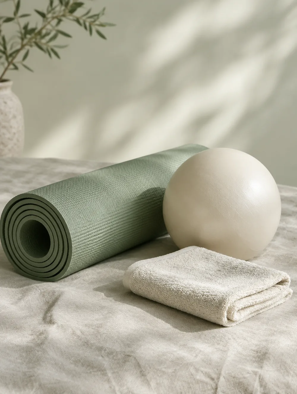 A rolled sage yoga mat, a cream Pilates ball and a folded towel on pale oyster linen