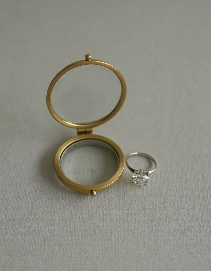 A small jeweller's loupe lying open beside a solitaire diamond ring on pale oyster linen