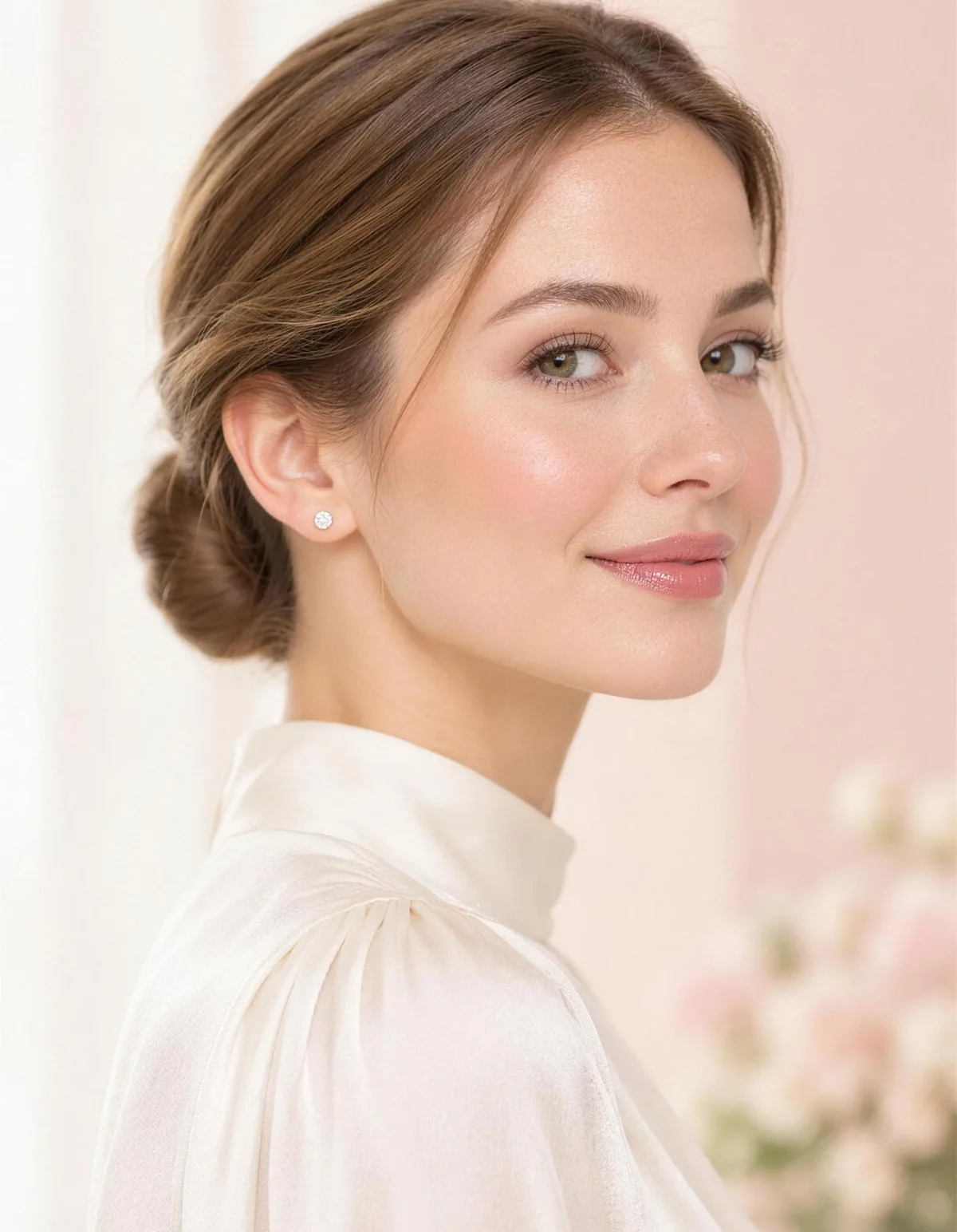 A smiling woman with a sleek low bun and a graceful neck wearing a small round diamond stud earring and an ivory silk blouse