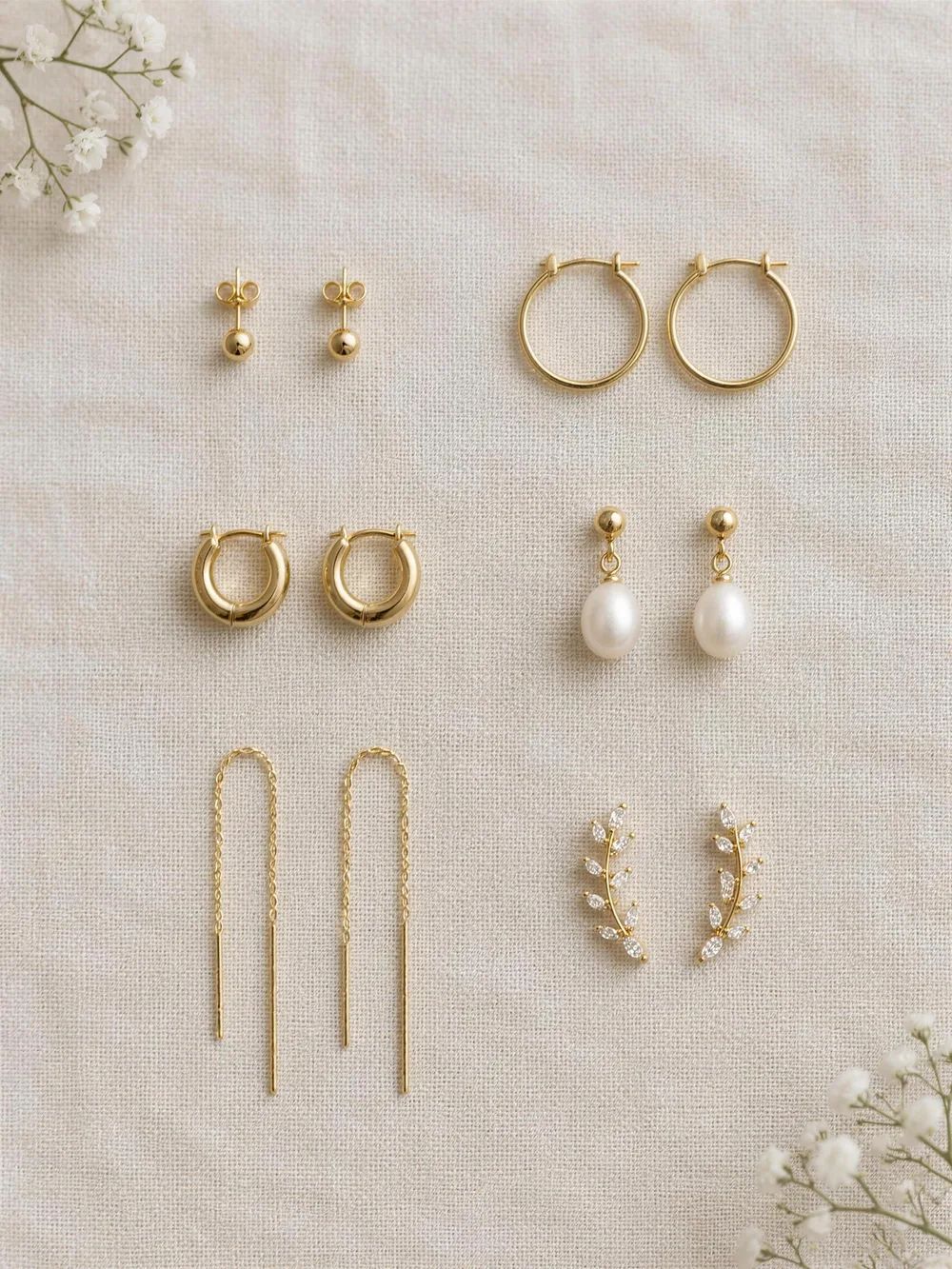 Six pairs of gold earrings on linen: studs, hoops, huggies, pearl drops, threaders and ear climbers