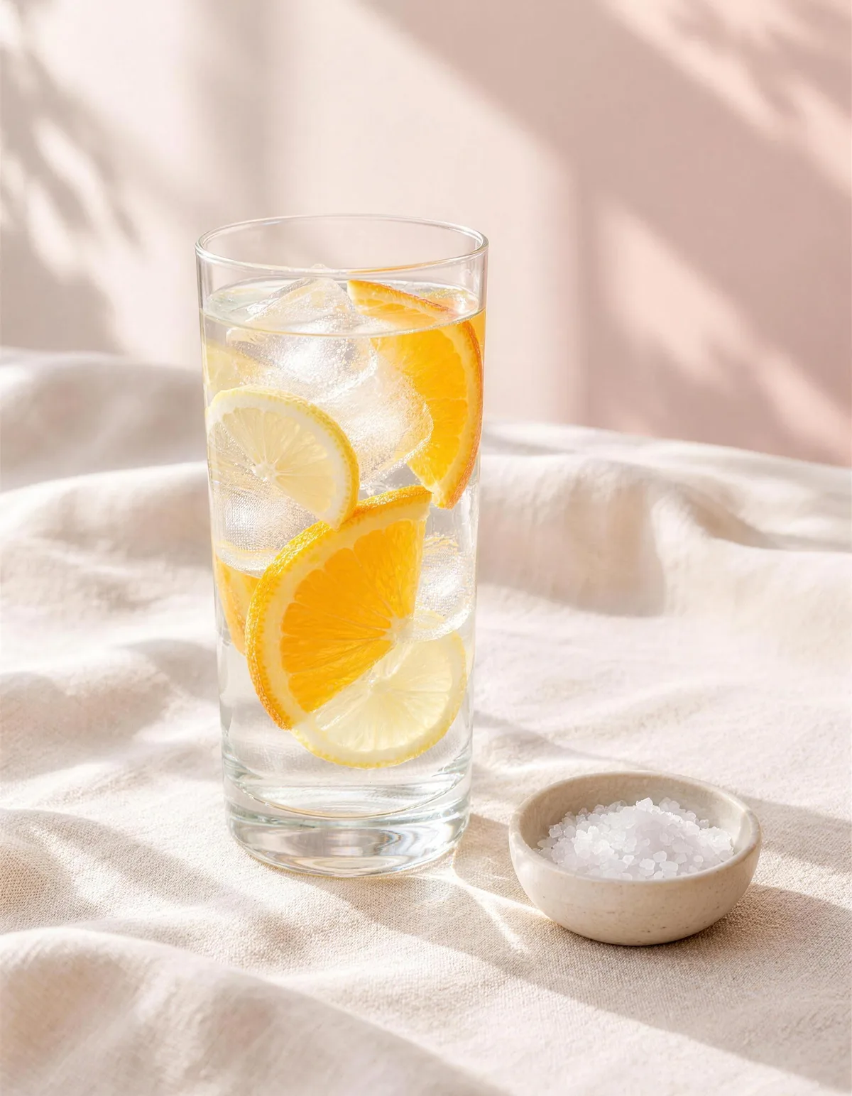 A tall glass of water with lemon and orange slices and ice beside a small cream dish of sea salt on cream linen