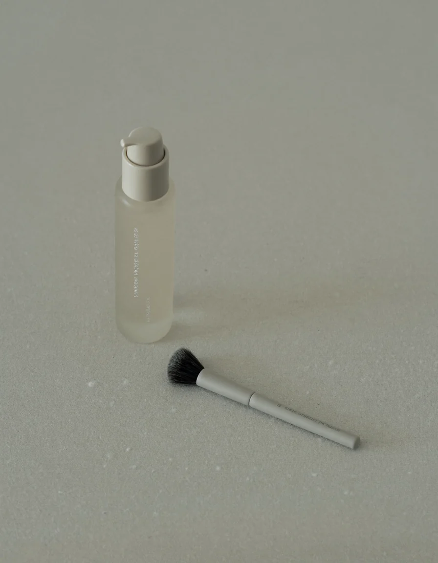A slim frosted glass bottle with a pale pump top standing beside a small flat makeup brush