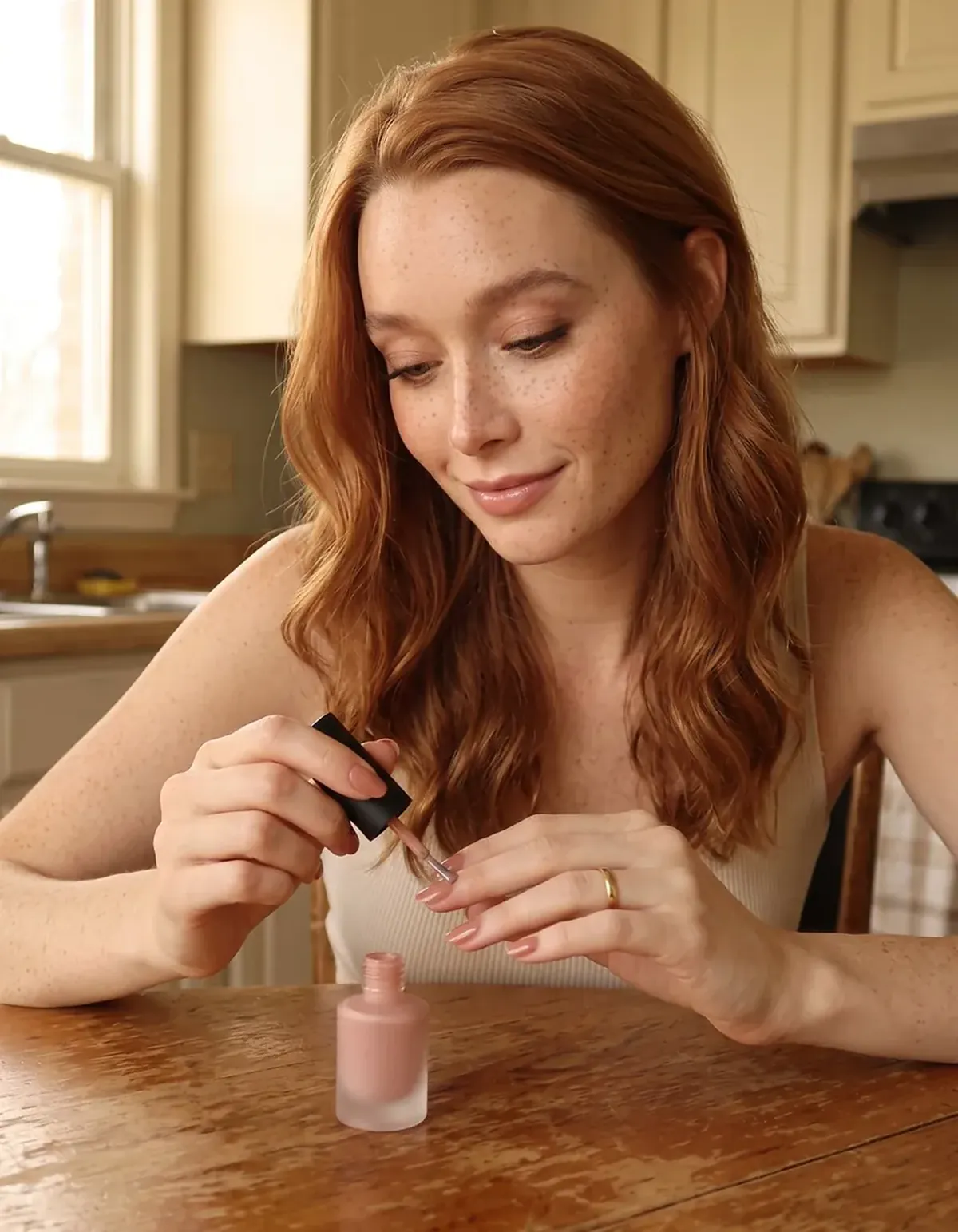 Noor, SOUL's beauty host, paints a thin coat of nude-pink polish at a wooden kitchen table