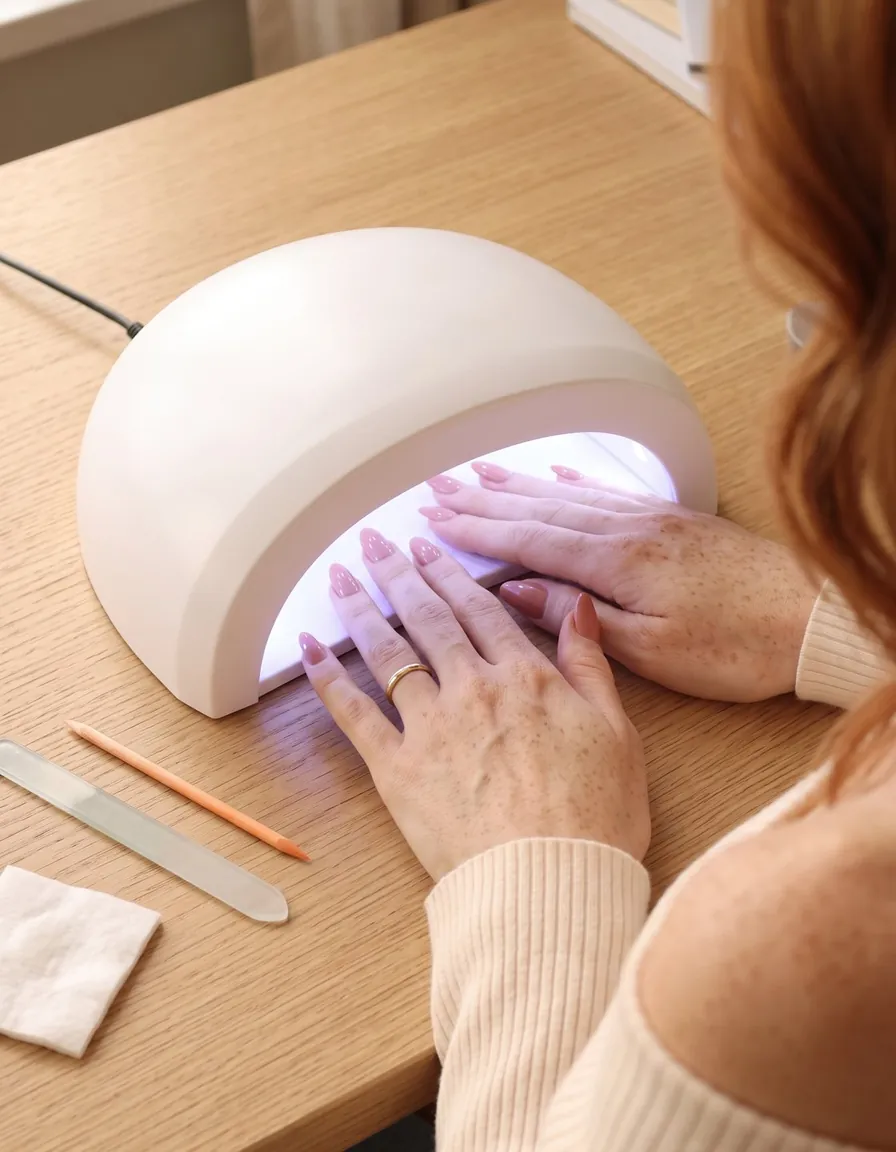 A hand with glossy nude almond nails rests inside a white dome LED nail lamp on a light oak table