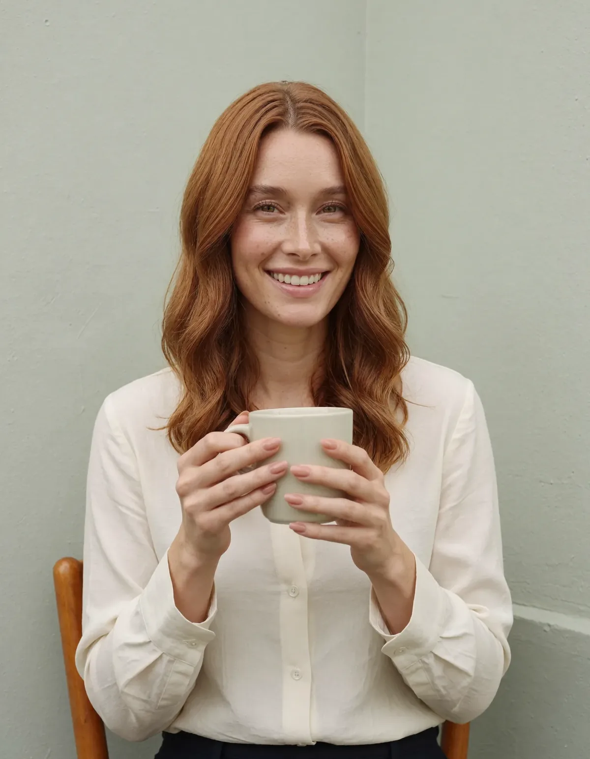 Noor, SOUL's beauty host, holds a latte with both hands, glossy red almond gel nails in view