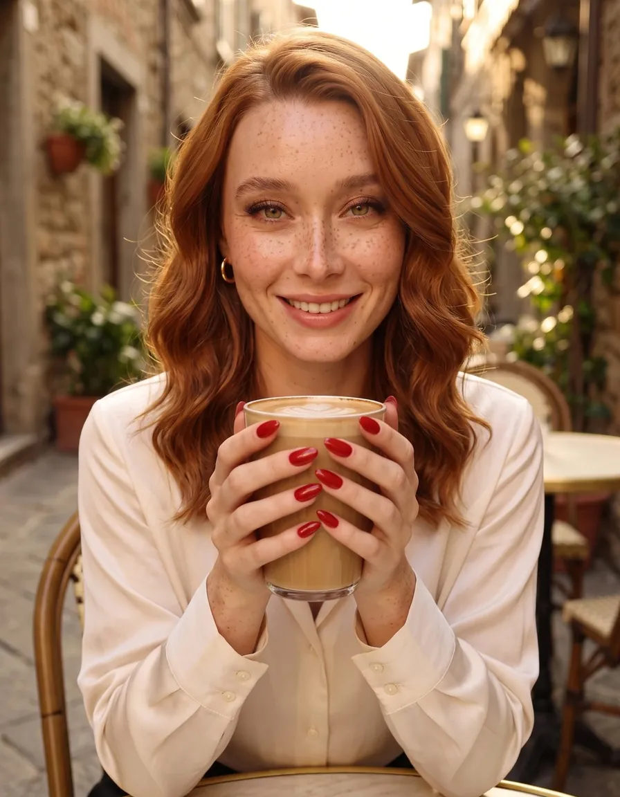 Noor, SOUL's beauty host, holds a latte with both hands, glossy red almond gel nails in view