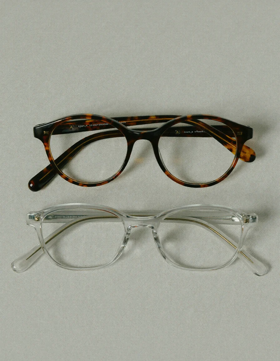 Two pairs of eyeglasses side by side, one round tortoiseshell and one rectangular clear-framed