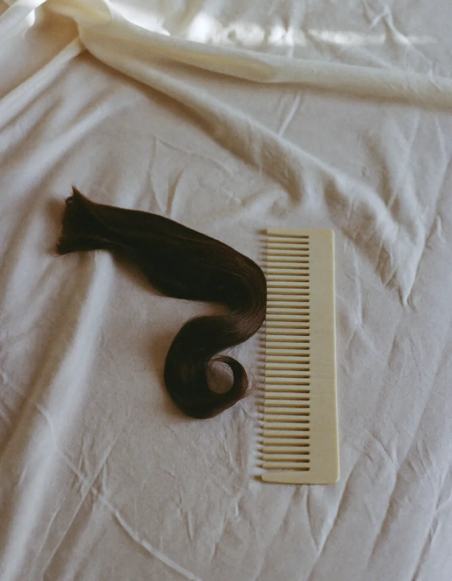 A smooth lock of dark hair curved beside a plain wide-tooth comb on pale oyster linen