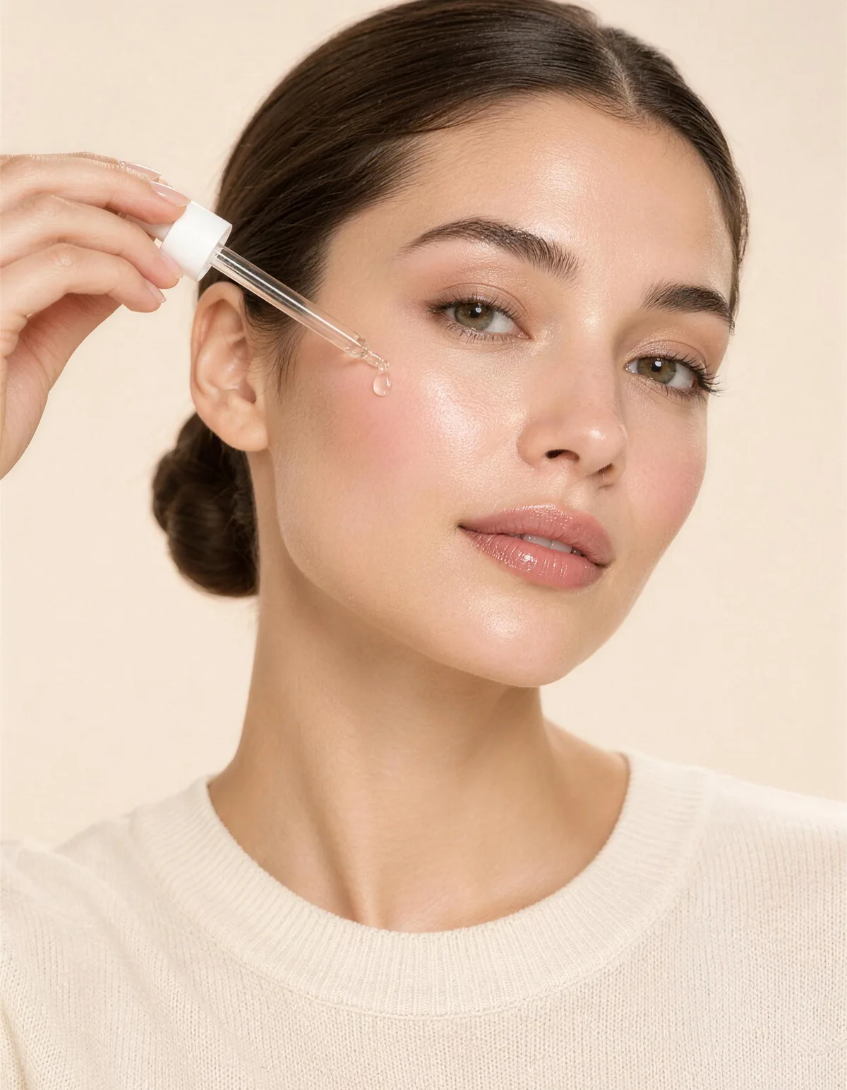 A beautiful woman with dewy skin holding a clear glass dropper with a drop of serum near her cheek, in an ivory knit