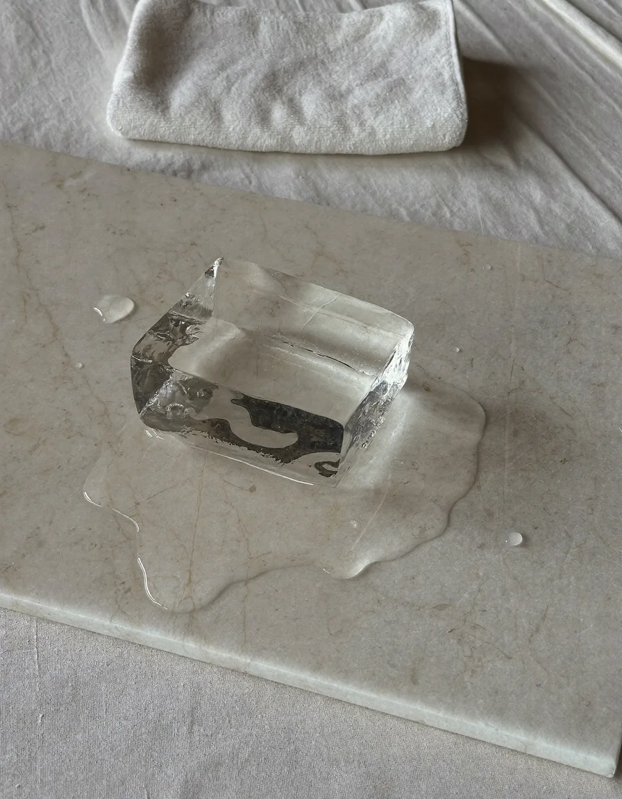 A clear block of ice melting slowly on a pale stone slab beside a folded towel