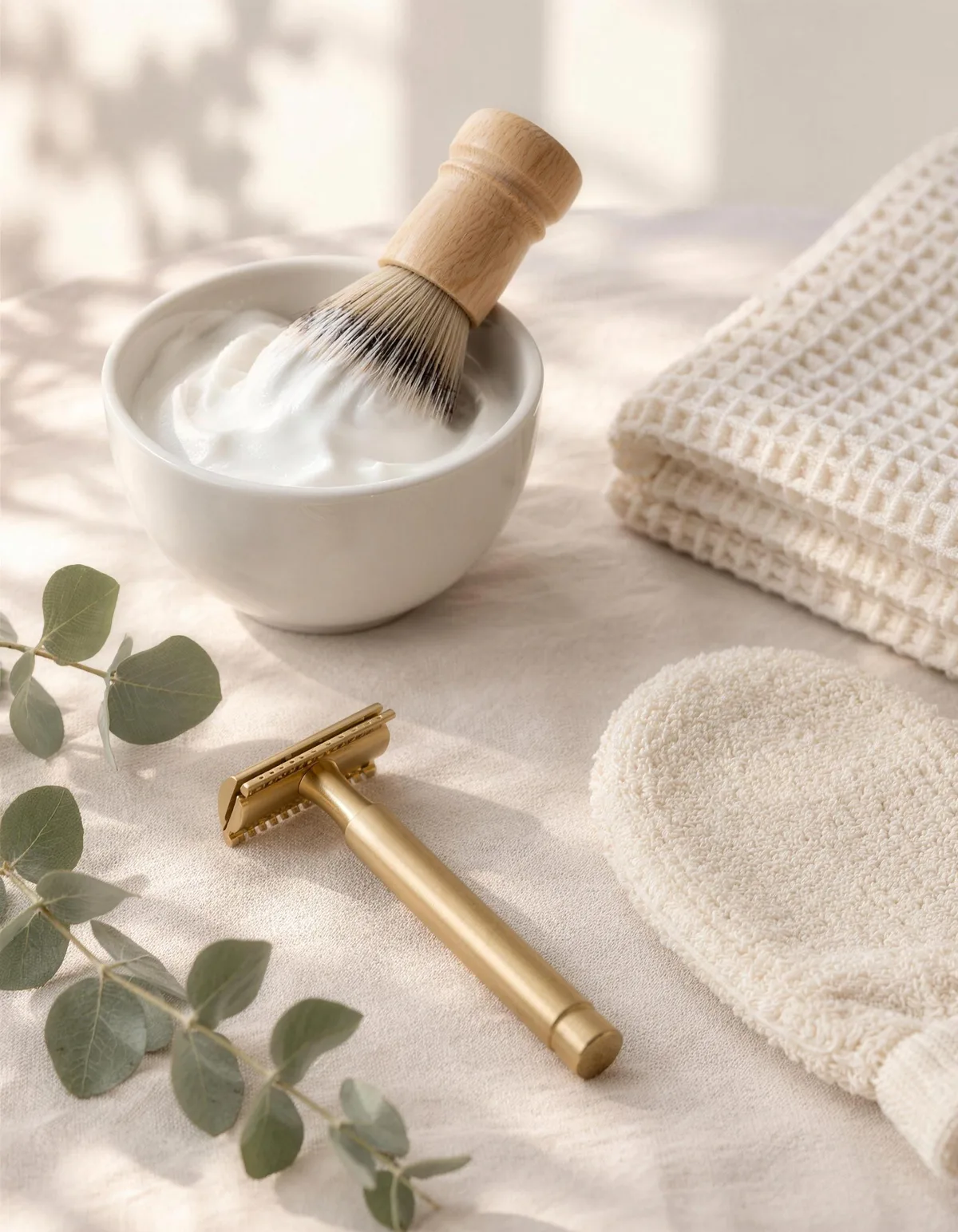 A calm bathroom still life of a gold safety razor, a bowl of shaving cream with a brush, a waffle towel, an exfoliating mitt and eucalyptus