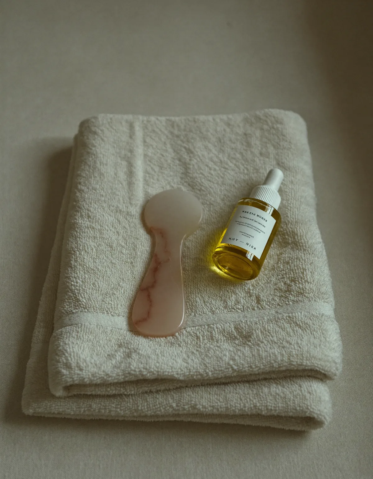 A smooth pale stone, a folded ivory towel and a small round mirror on pale oyster linen