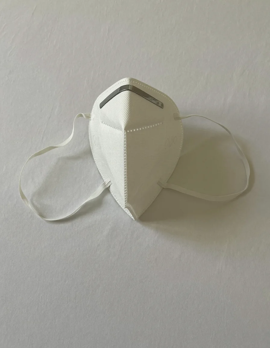 A single plain white folded respirator face mask with soft ear loops on pale oyster linen