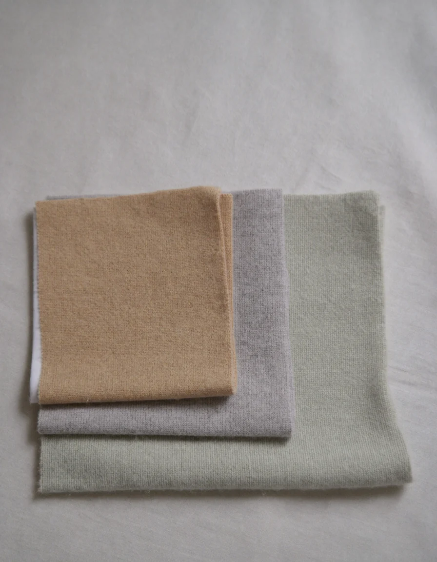 Three folded knit swatches in camel, soft grey and pale sage, stacked on ivory linen