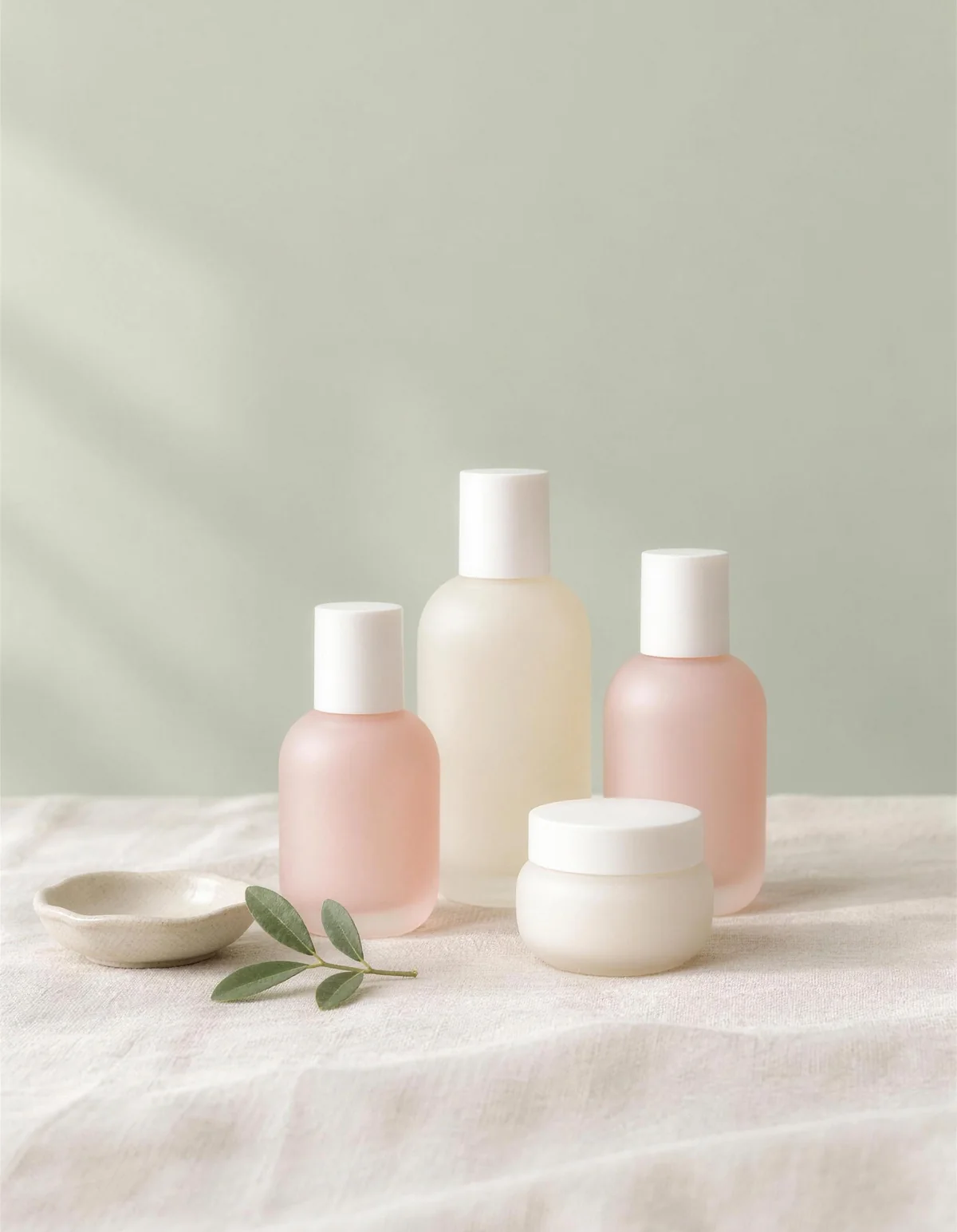 Plain frosted glass skincare bottles and a cream jar with no labels on oyster linen beside green leaves