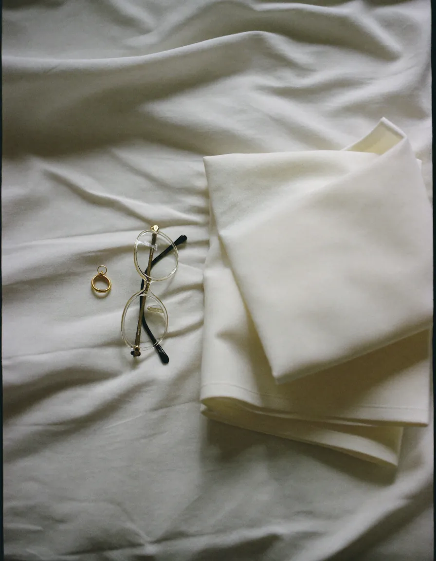 A gold hoop, folded clear-framed glasses and a corner of ivory fabric on pale oyster linen