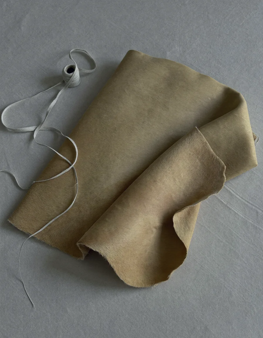 A softly folded piece of natural tan leather with a raw cut edge beside a loose loop of waxed thread