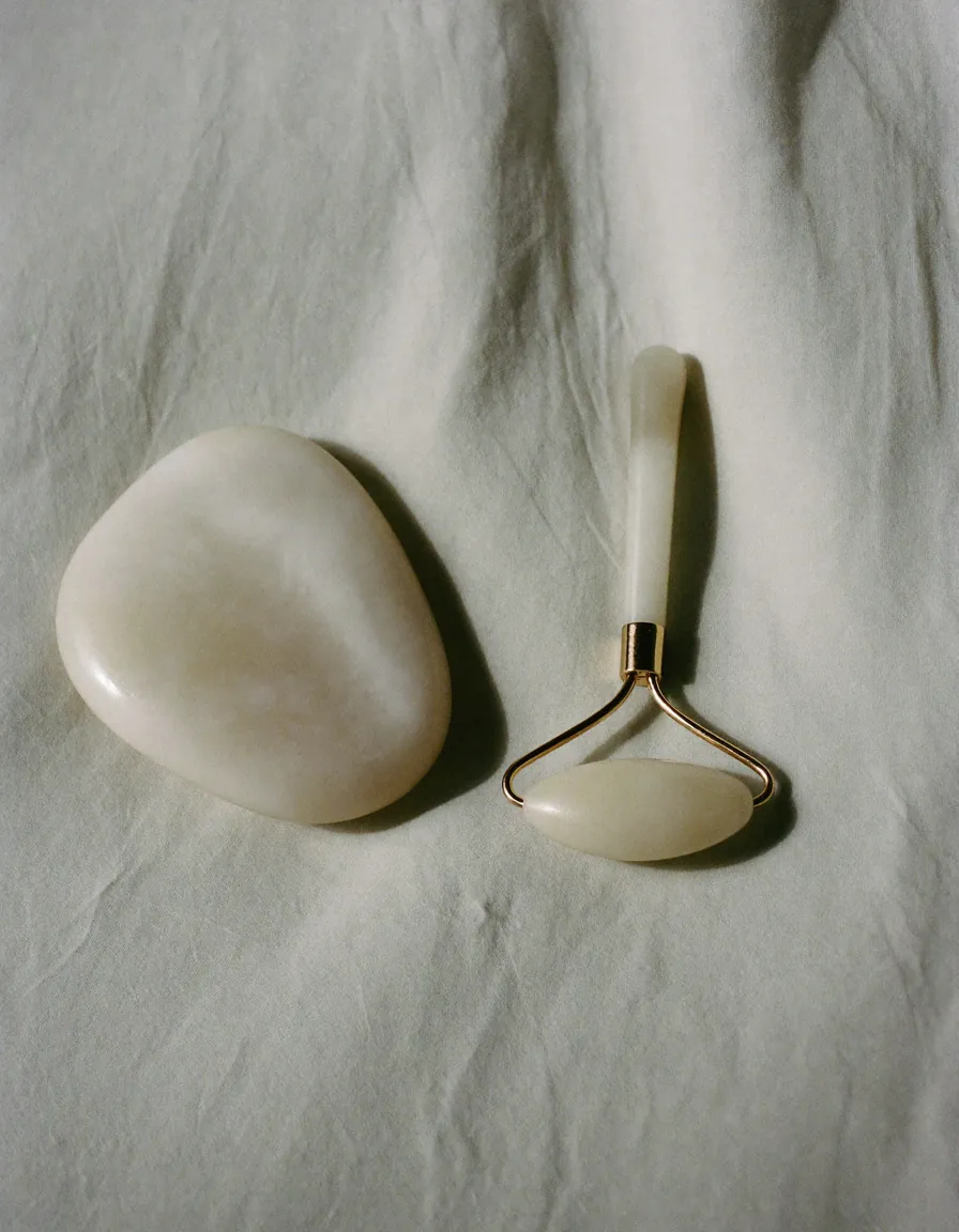 A pale jade gua sha stone beside a small rounded facial massage tool on pale oyster linen