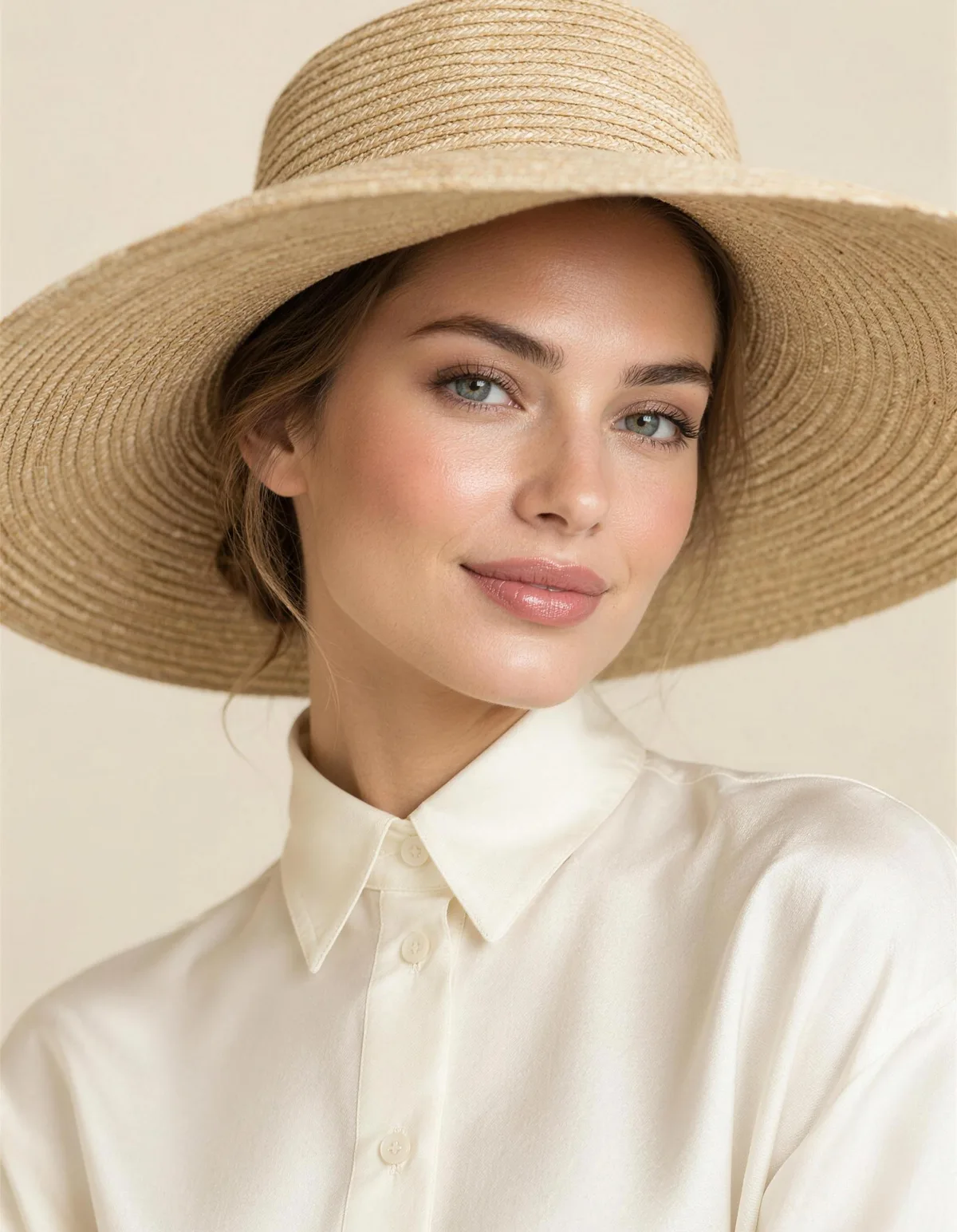 A beautiful woman with even, luminous skin in a wide-brim straw sun hat and a buttoned ivory silk blouse