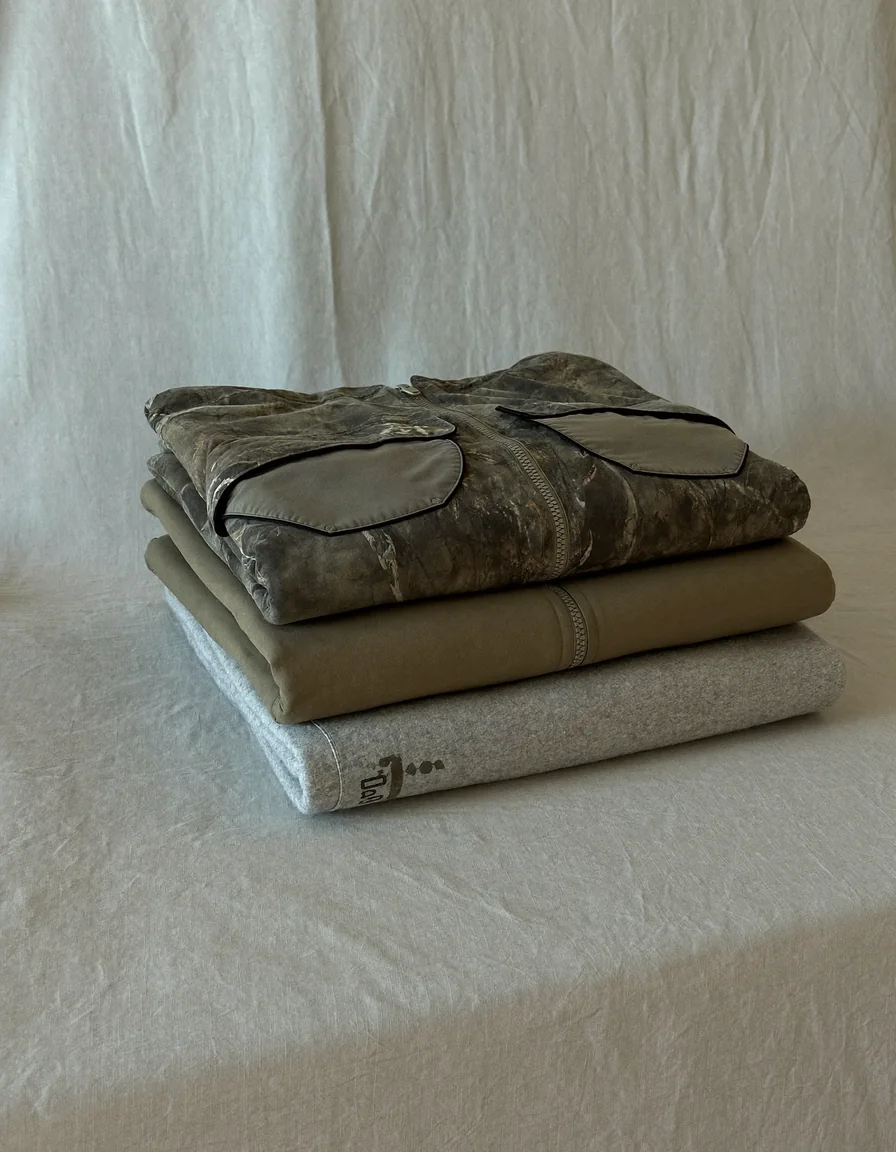 A neatly folded stack of outdoor layers in olive and muted earth-tone camouflage