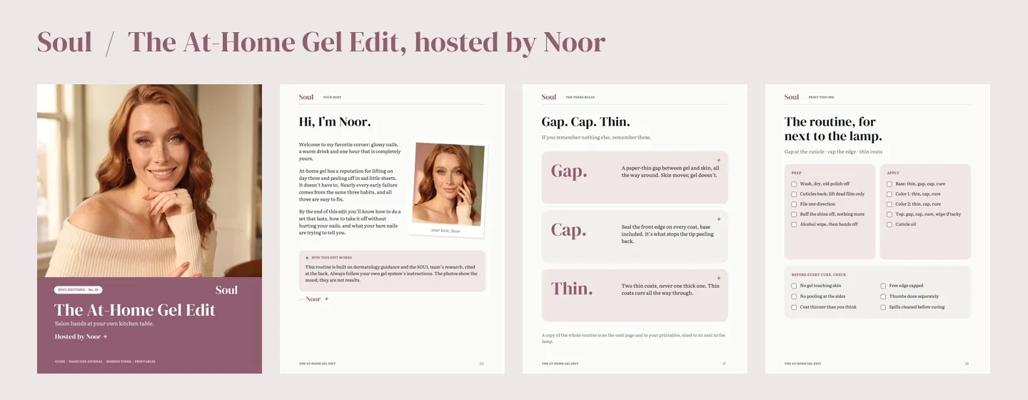 Four real pages from the guide: the cover, Noor's welcome, the three rules and the lamp card