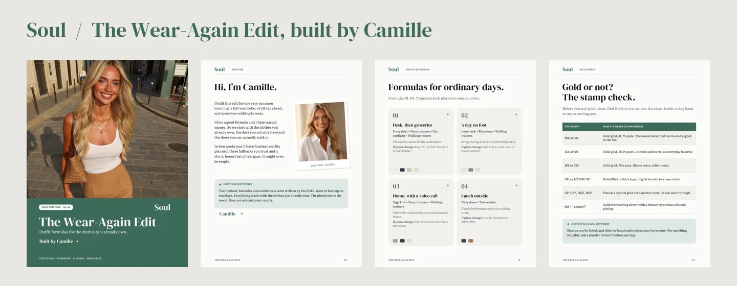 Four real pages from the guide: the cover, Camille's welcome, outfit formulas and the gold stamp check