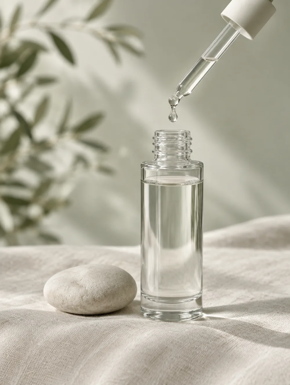 An unlabeled clear glass serum bottle with a dropper releasing a single drop beside a smooth pale stone on oyster linen