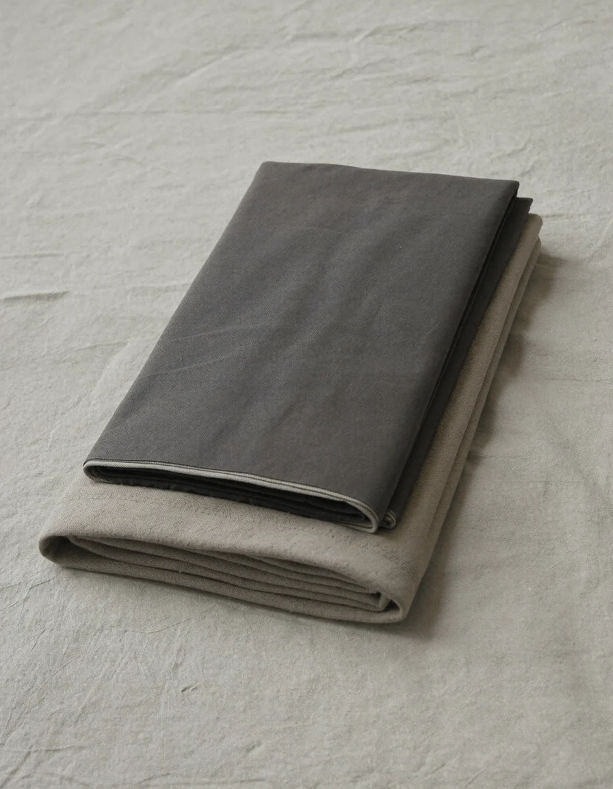 Two neatly folded pieces of soft charcoal grey and stone coloured cotton, stacked