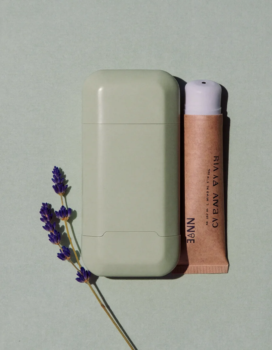 A plain pale sage refillable deodorant case beside a paper-wrapped refill and dried lavender