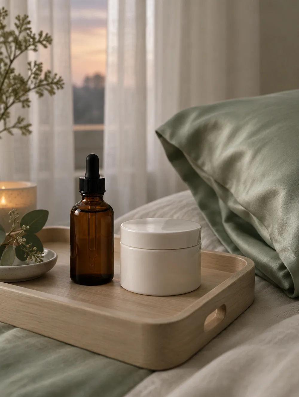 An unlabeled amber dropper bottle and a white ceramic jar of night cream on a wooden bedside tray with a sage silk pillowcase