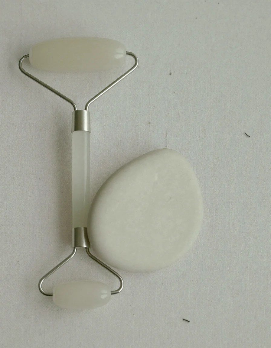 A pale jade facial roller lying diagonally with a flat gua sha stone resting below it