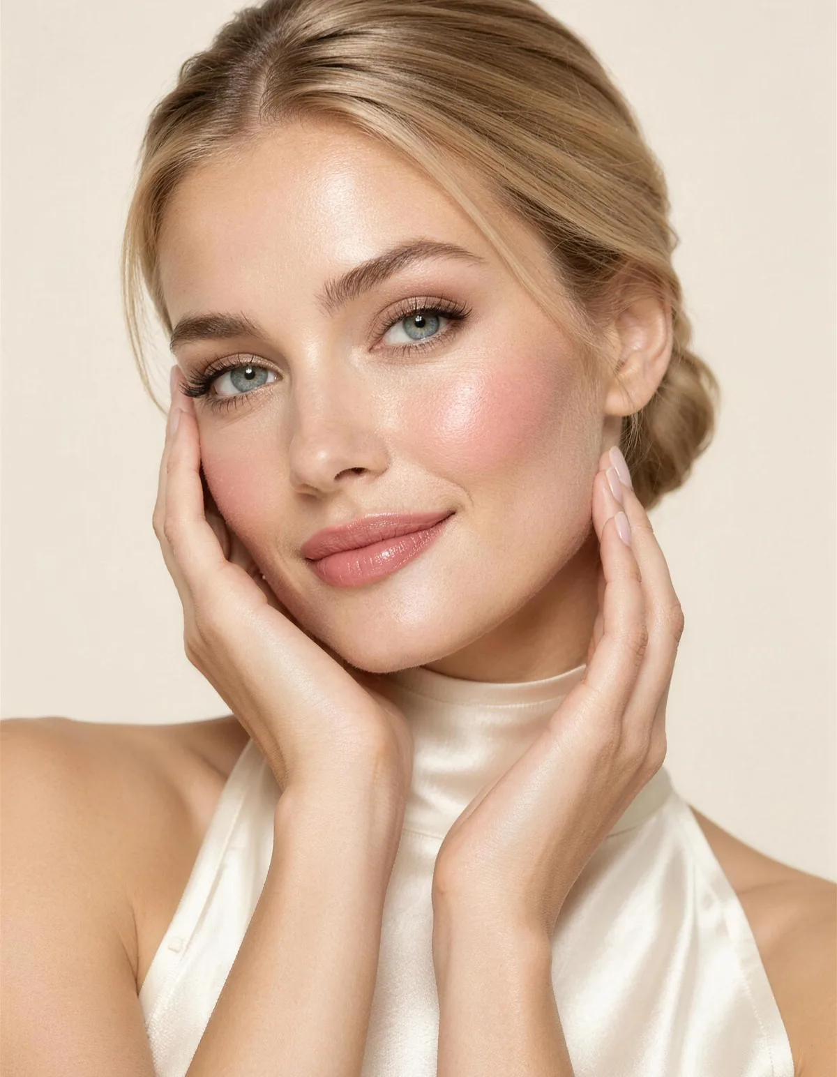 A beautiful honey-blonde woman with porcelain skin and a soft pink flush on her cheeks, hands framing her face, in ivory silk