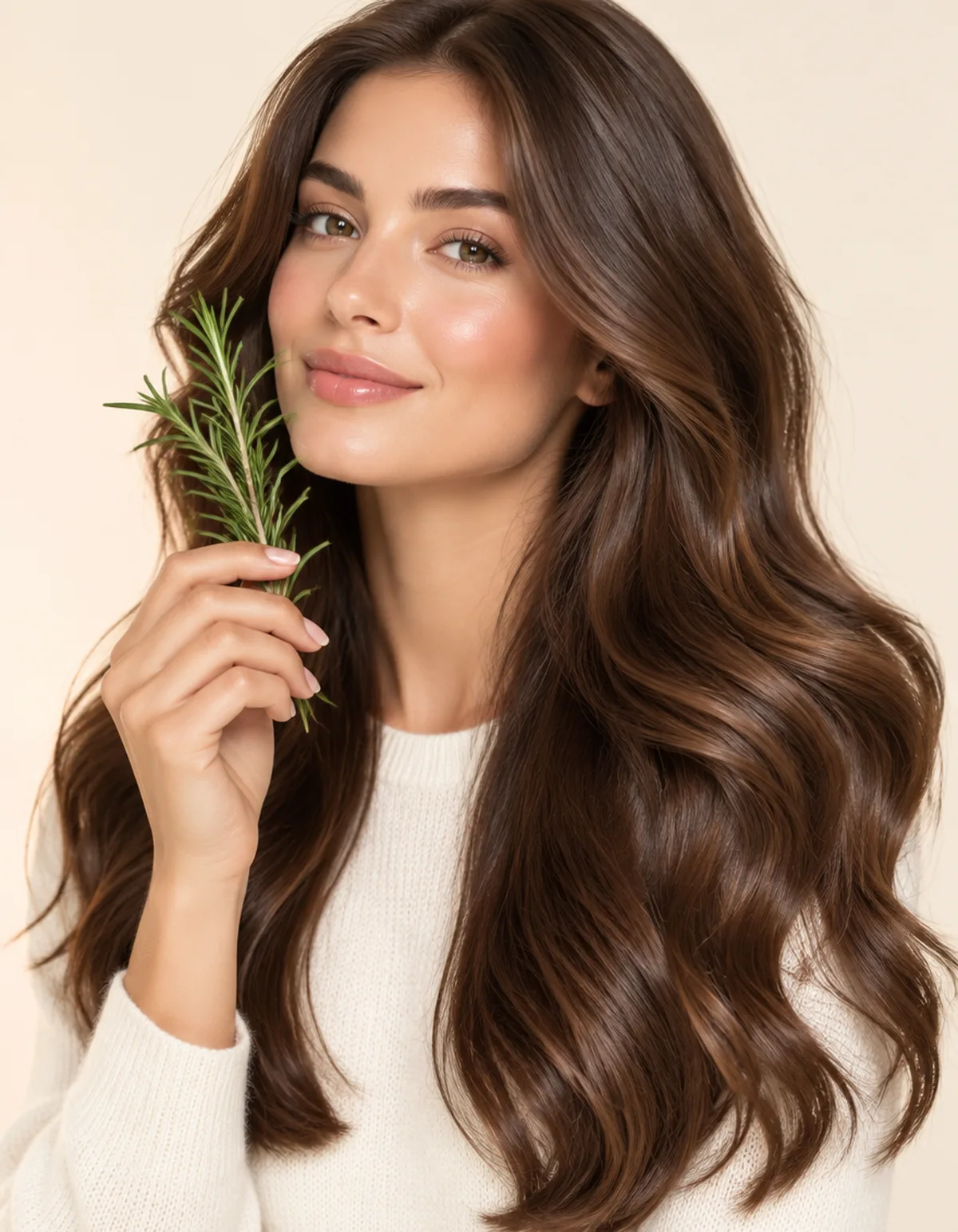 A beautiful woman with long voluminous brown waves holding a sprig of fresh rosemary near her face, in an ivory knit