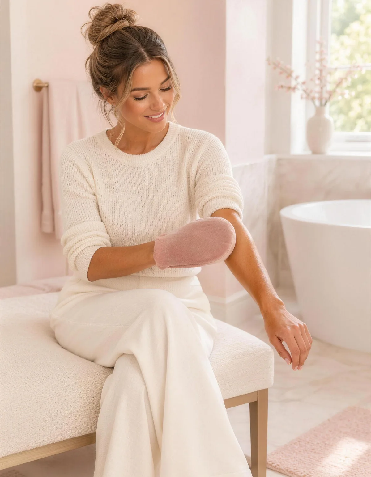 A smiling woman with a soft golden glow on a cream bench in a blush bathroom, smoothing self tanner onto her forearm with a blush velvet mitt