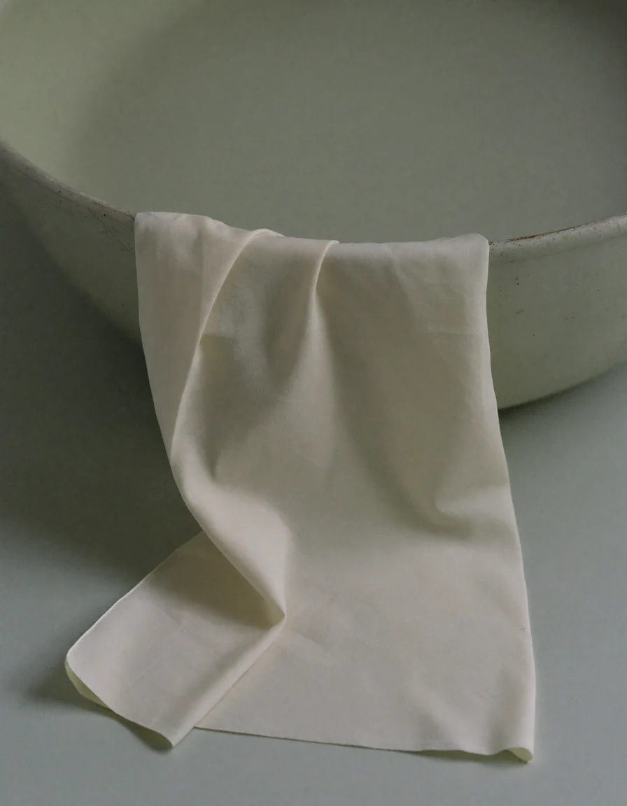 A length of ivory silk draped softly over the rim of a shallow pale ceramic basin