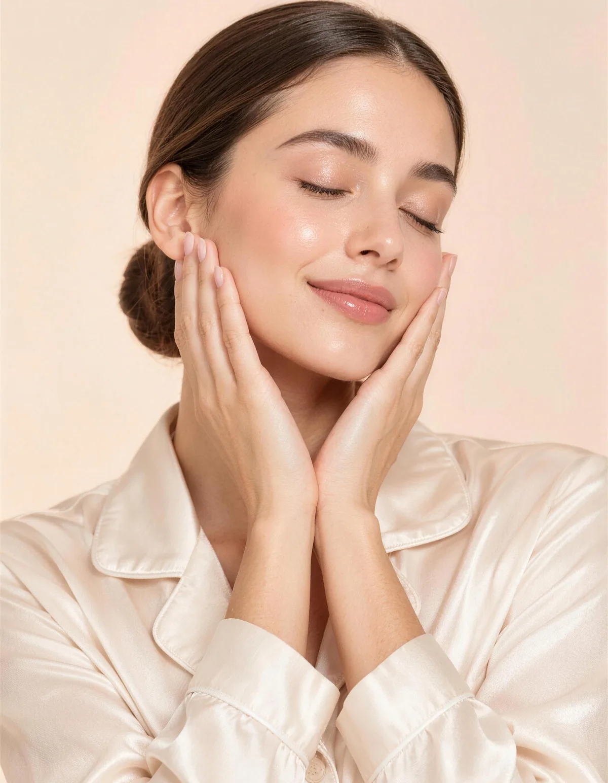 A woman with glowing skin and a sleek low bun resting her palms on her cheeks, eyes closed, in a buttoned cream silk pajama top